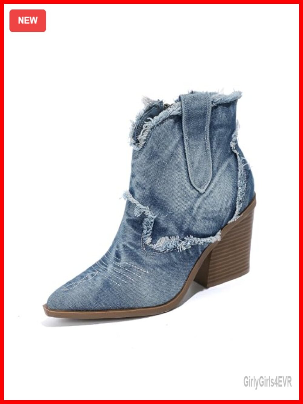 Women's Embroidered Denim Western Cowboy Ankle Boots Pointed Toe Stacked Heel